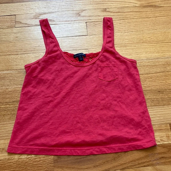 American Eagle‎ Hot Pink Lace Back Crop Tank Top Chest Pocket - Picture 2 of 7